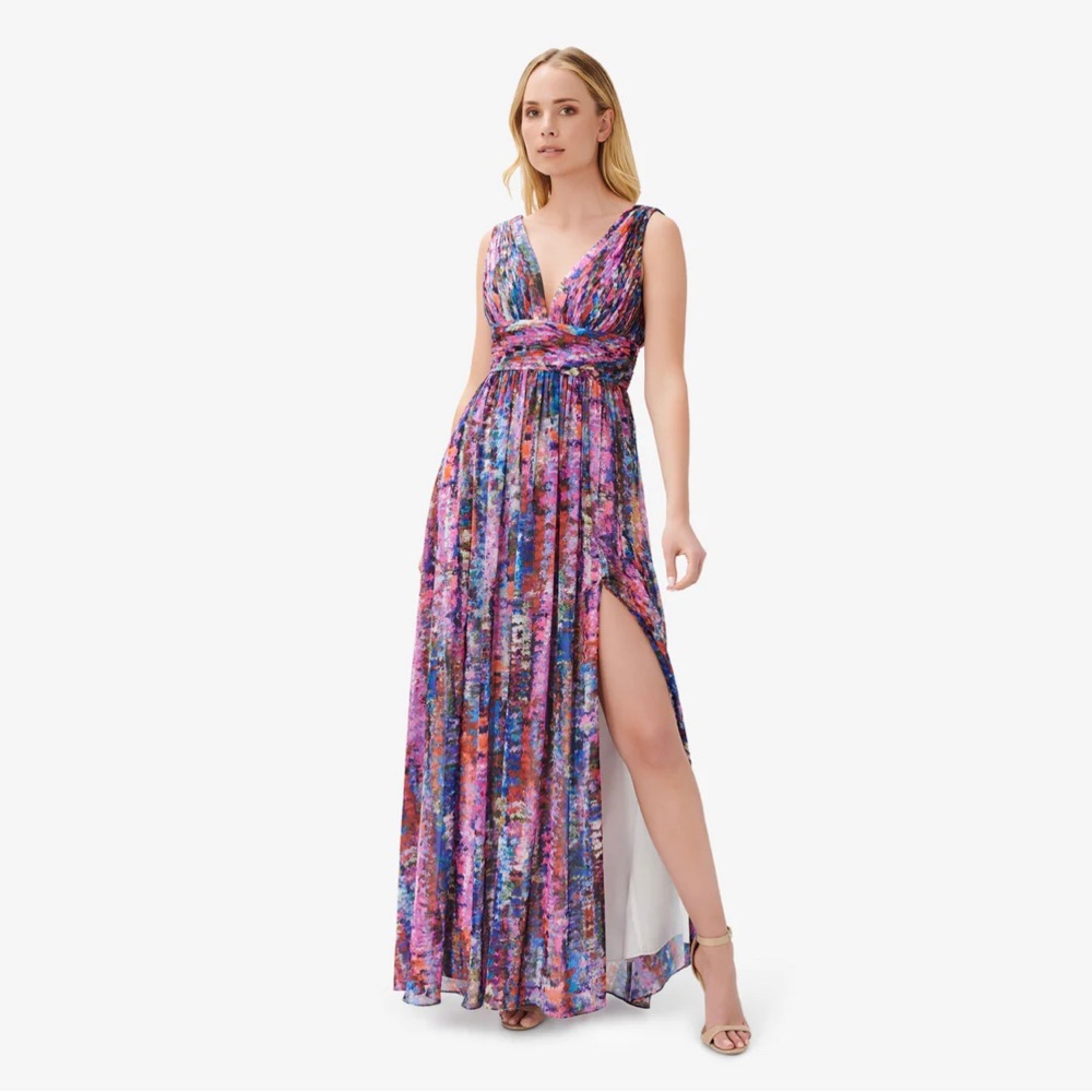 Sleeveless printed chiffon gown